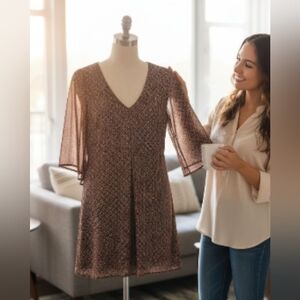 Bobeau Elegant Brown V-Neck Flowy Mini Dress XS